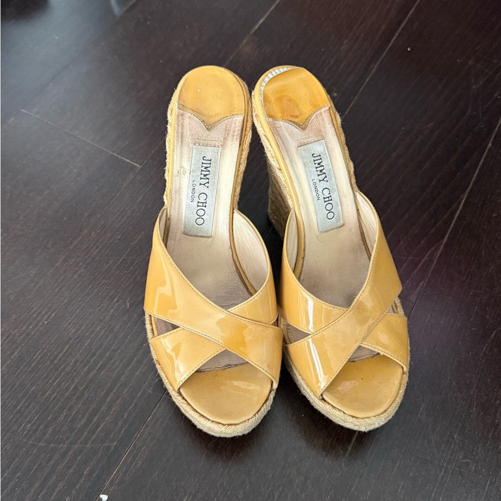 Jimmy Choo Yellow Patent Leather Espadrille Wedge Sandals